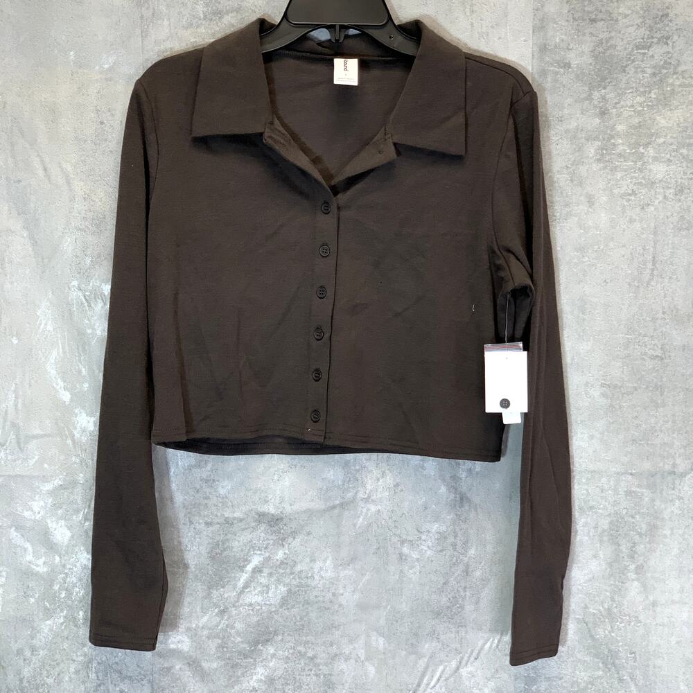 ABOUND Women's Gray Dark Charcoal Heather Button-Front Collared Long Sleeve Crop